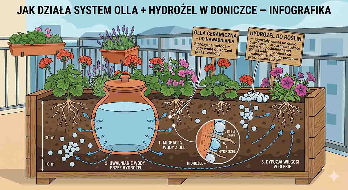 Schemat systemu nawadniania doniczki - olla i hydrożel razem