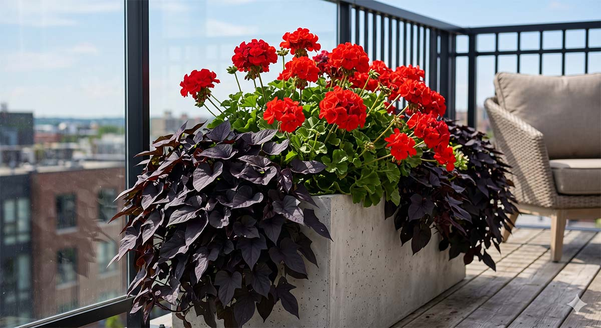 Kompozycja na balkon: wilec ozdobny Jet Black i czerwone pelargonie Nowoczesna aranżacja tarasowa z intensywnie czerwonymi pelargoniami otoczonymi ciemnymi pędami ipomei Jet Black w podłużnej donicy