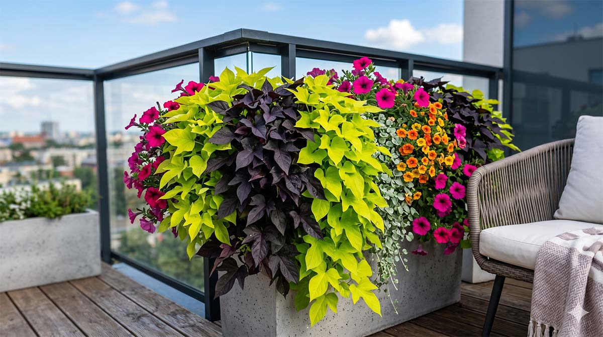 Ipomea wilec ziemniaczany - inspiracje i kompozycje na balkon Nowoczesna kompozycja kwiatowa w betonowej donicy na balkonie z bujną limonkowa i ciemną purpurową ipomeą oraz różowymi petuniami.