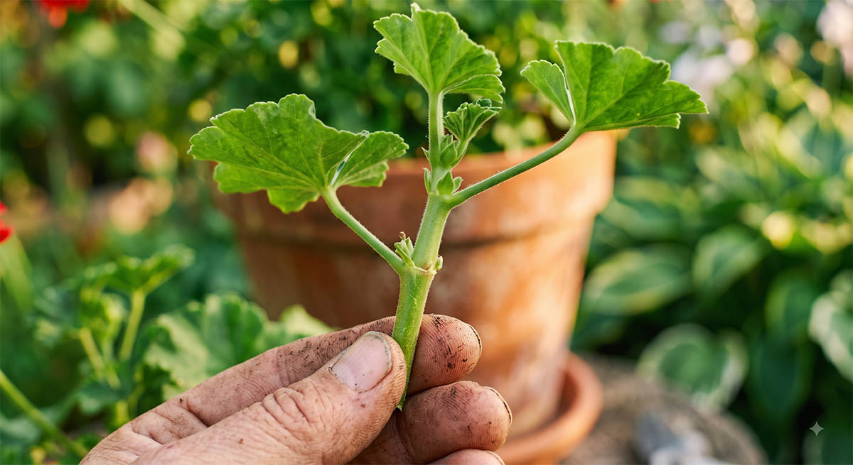 Idealna sadzonka pelargonii do ukorzeniania. Prawidłowo ucięta sadzonka pelargonii z widocznym cięciem tuż pod węzłem i usuniętymi dolnymi liśćmi.