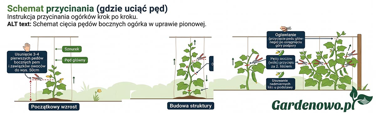 Instrukcja przycinania ogórków krok po kroku. Schemat cięcia pędów bocznych ogórka w uprawie pionowej.