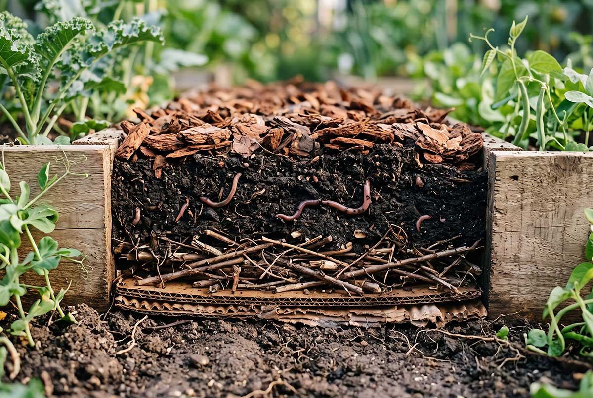 Warstwy w ściółkowaniu azjatyckim - przekrój ściółki organicznej Widoczny przekrój warstw ściółkowania azjatyckiego: karton, gałązki, kompost i kora