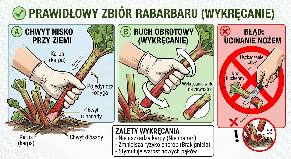 Prawidłowa technika zbioru rabarbaru - wykręcanie zamiast odcinania Instrukcja obrazkowa zbioru: dłonie wykręcające łodygę rabarbaru u nasady oraz przekreślony czerwonym kolorem nóż. Poprawna technika chroni rabarbar przed gniciem karpy.