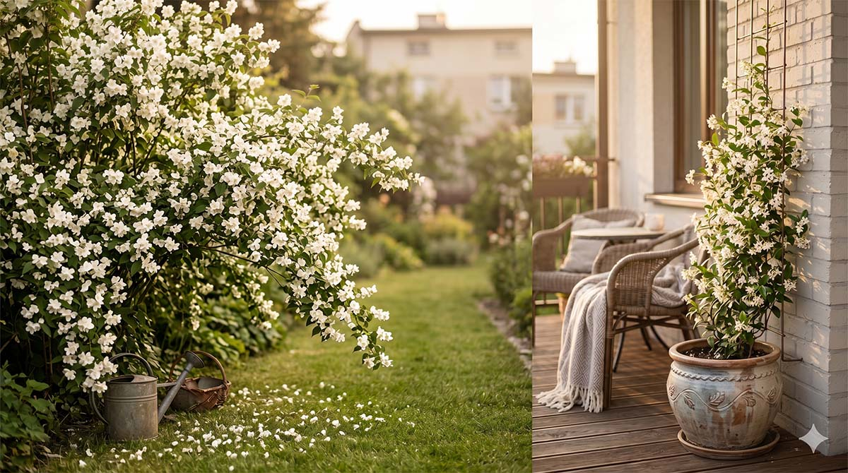 Inspiracje z pachnącym jaśminowcem: od ogrodu babci po nowoczesny balkon Dwuobrazek przedstawiający rozłożysty krzew jaśminowca w tradycyjnym ogrodzie z konewką (lewa strona) oraz mniejszy, pachnący jaśmin na przytulnym, nowocześnie zaaranżowanym balkonie (prawa strona)