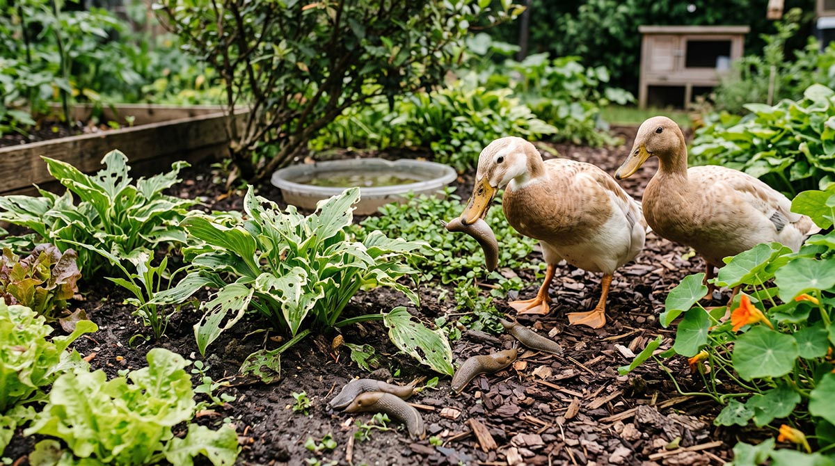 Kaczki biegusy zwalczające ślimaki nagie w ogrodzie warzywnym Kaczka biegus indyjski trzymająca w dziobie nagiego ślimaka hiszpańskiego na rabacie warzywnej