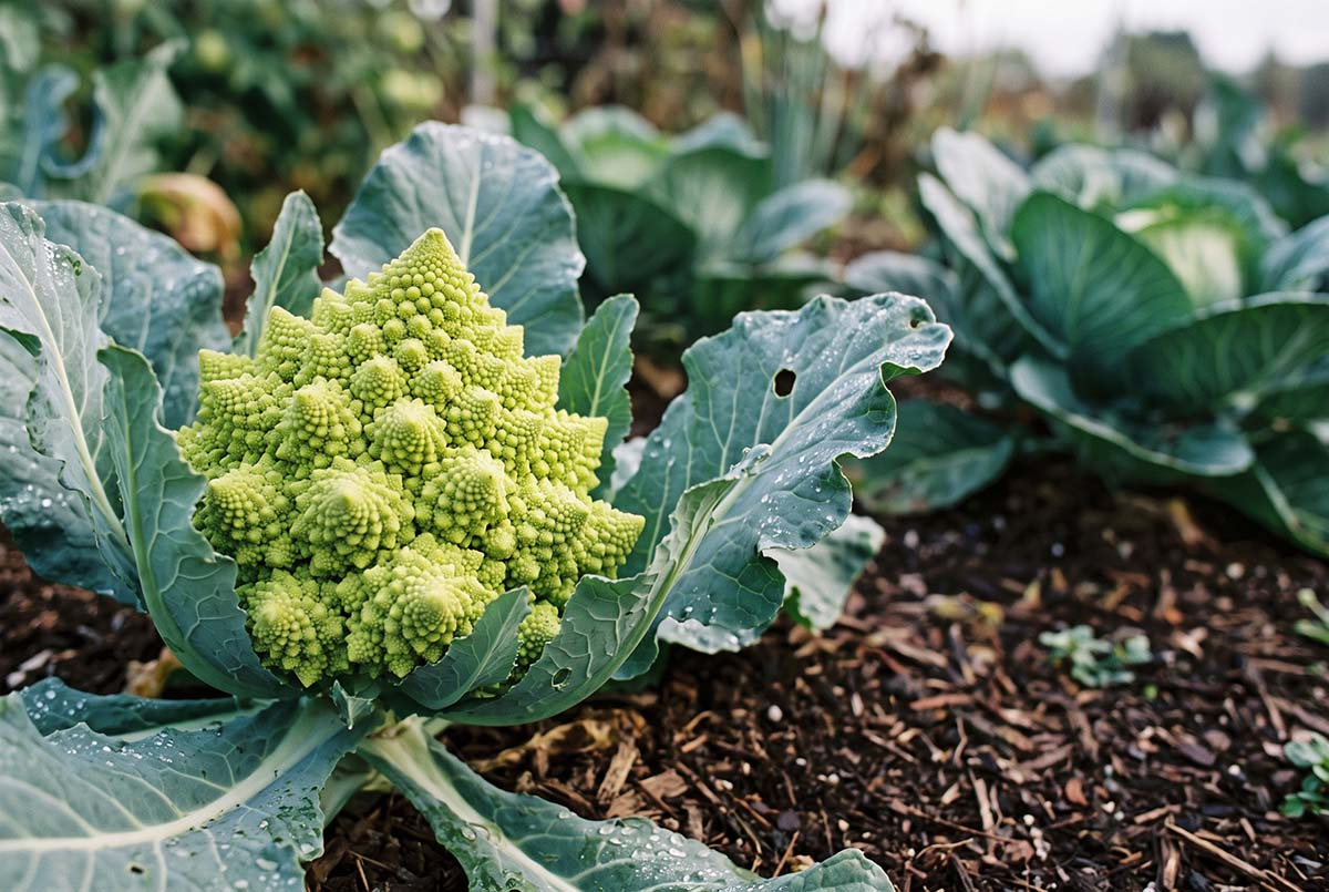 Kalafior romanesco na grządce Dojrzała główka kalafiora romanesco o spiralnej, fraktalnej strukturze rosnąca na grządce w ogrodzie