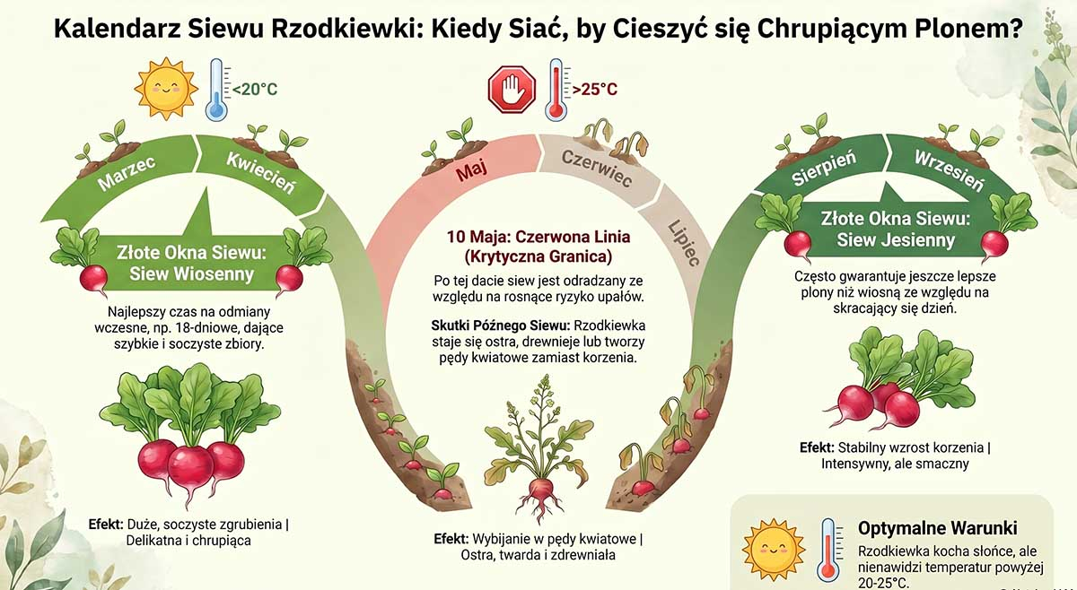 Kalendarz ogrodnika 2026 – kiedy siać rzodkiewkę Oś czasu przedstawiająca optymalne miesiące na siew rzodkiewki: zielone przedziały dla marca i kwietnia oraz sierpnia i września, z czerwoną linią odcięcia siewu na 10 maja.