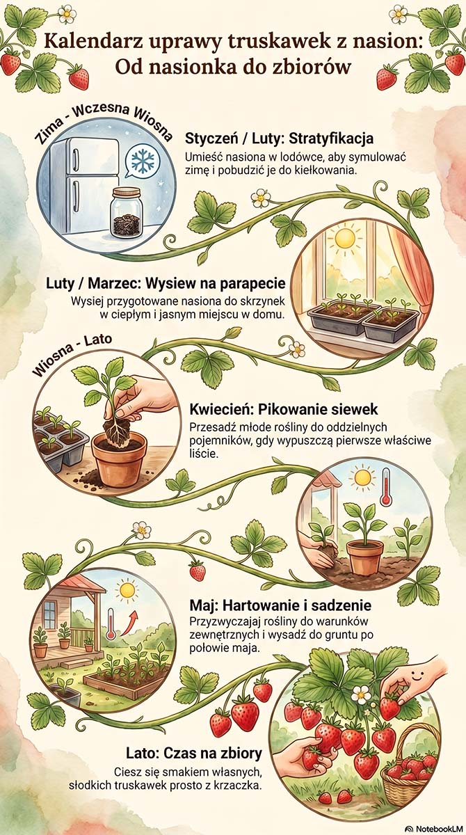 Kalendarz uprawy truskawek z nasion - etapy krok po kroku Infografika w formie osi czasu przedstawiająca etapy uprawy truskawek z nasion. Pokazuje kolejne kroki: stratyfikację nasion w styczniu i lutym, wiosenny wysiew na parapecie, kwietniowe pikowanie siewek, majowe hartowanie i sadzenie do gruntu oraz letnie zbiory owoców.