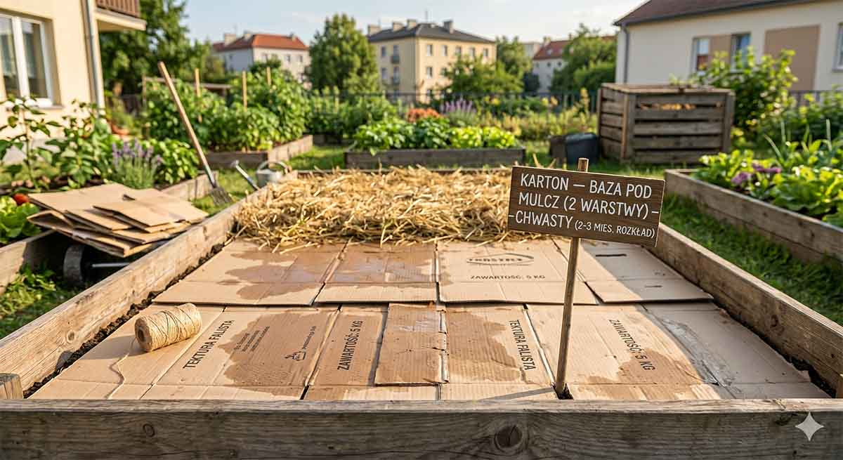 Karton układany jako warstwa bazowa pod mulcz w warzywnikowi No-Dig