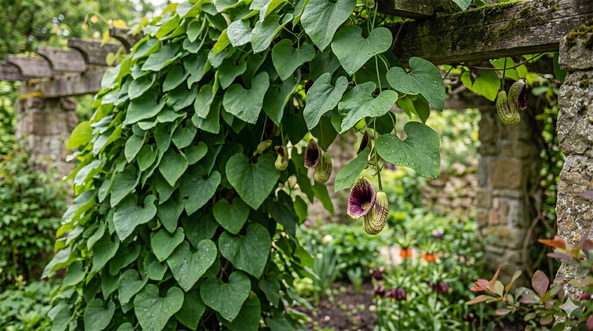 Kokornak wielkolistny (Aristolochia macrophylla) na pergoli ogrodowej Gęste pnącze kokornak wielkolistny z dużymi zielonymi liśćmi w kształcie serca i charakterystycznymi wiszącymi kwiatami na drewnianej pergoli w ogrodzie