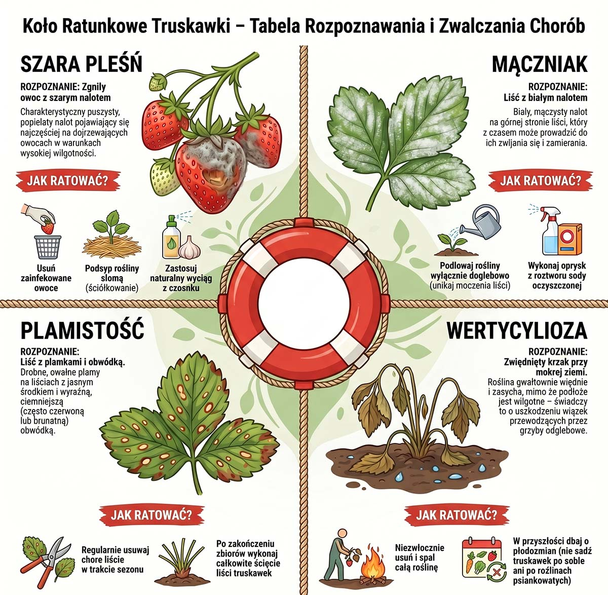 Koło ratunkowe truskawki - rozpoznawanie i zwalczanie chorób Kwadratowa infografika edukacyjna podzielona na cztery części, ilustrująca objawy najczęstszych chorób truskawek: szarej pleśni na owocach, mączniaka prawdziwego na liściach, plamistości liści oraz wertycyliozy. Do każdej choroby dopisano krótkie instrukcje ekologicznego zwalczania.