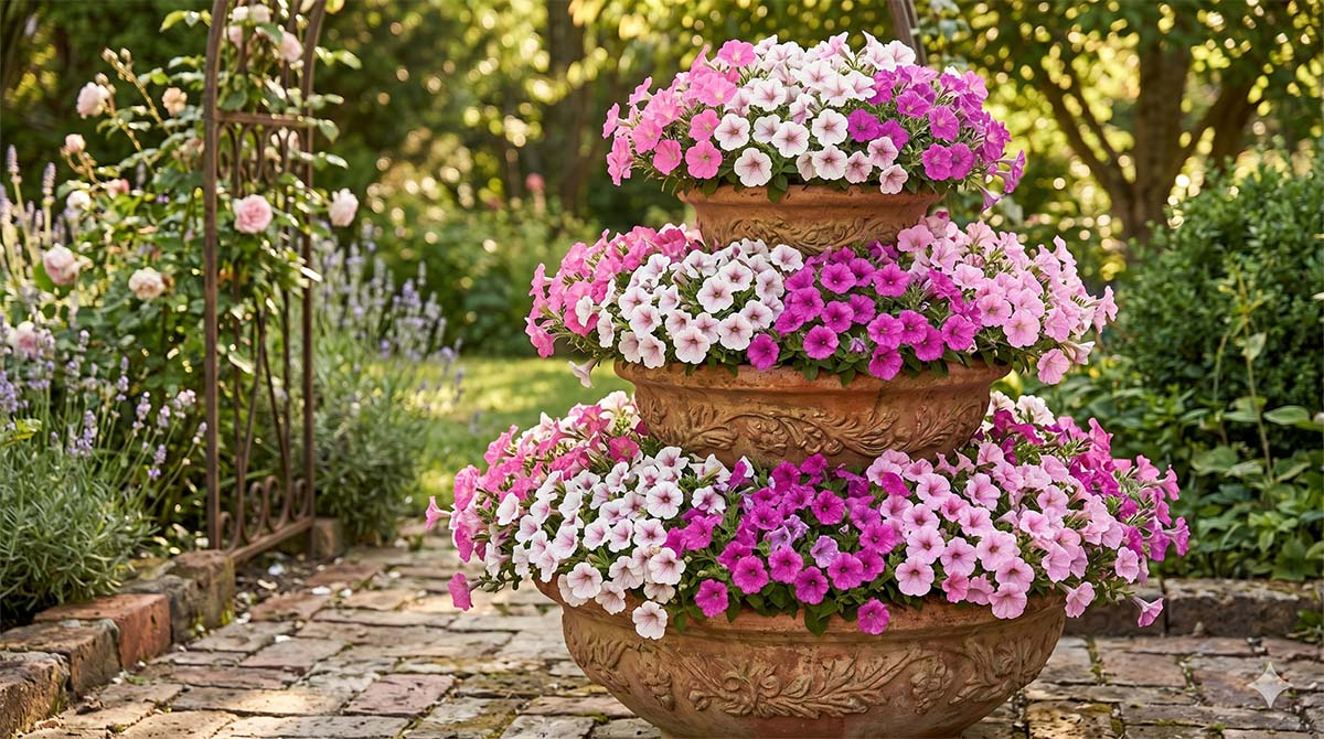 Pomysł na kompozycję: Piętrowa fontanna z Supertunii Vista. Piętrowa donica z Supertunią Vista – kompozycja kolorów Bubblegum, Silverberry i Fuchsia tworząca kaskadę kwiatów w ogrodzie.