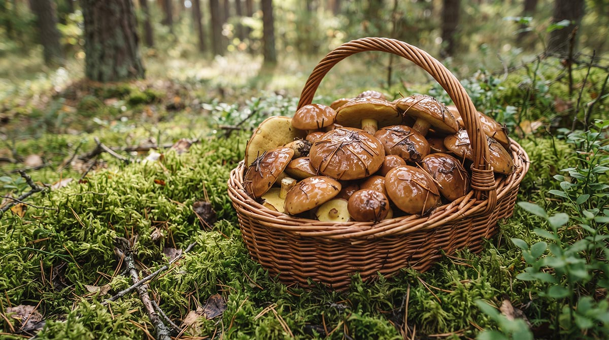 Świeże maślaki w lesie - zbiory grzybiarza w wiklinowym koszu. Wiklinowy kosz wypełniony świeżymi, lśniącymi maślakami stojący na mchu w sosnowym lesie.