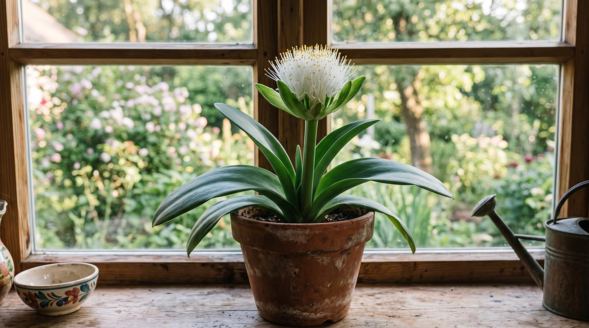 Kwitnący krasnokwiat białokwiatowy (Haemanthus albiflos) w glinianej doniczce na parapecie, z widocznym charakterystycznym białym kwiatem przypominającym szczotkę.