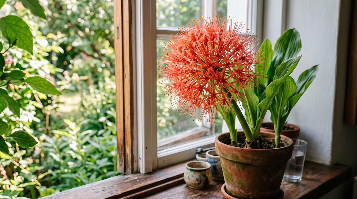 Kwitnący krasnokwiat Katarzyny (Scadoxus multiflorus) w glinianej doniczce na drewnianym parapecie, z widokiem na letni ogród za oknem.