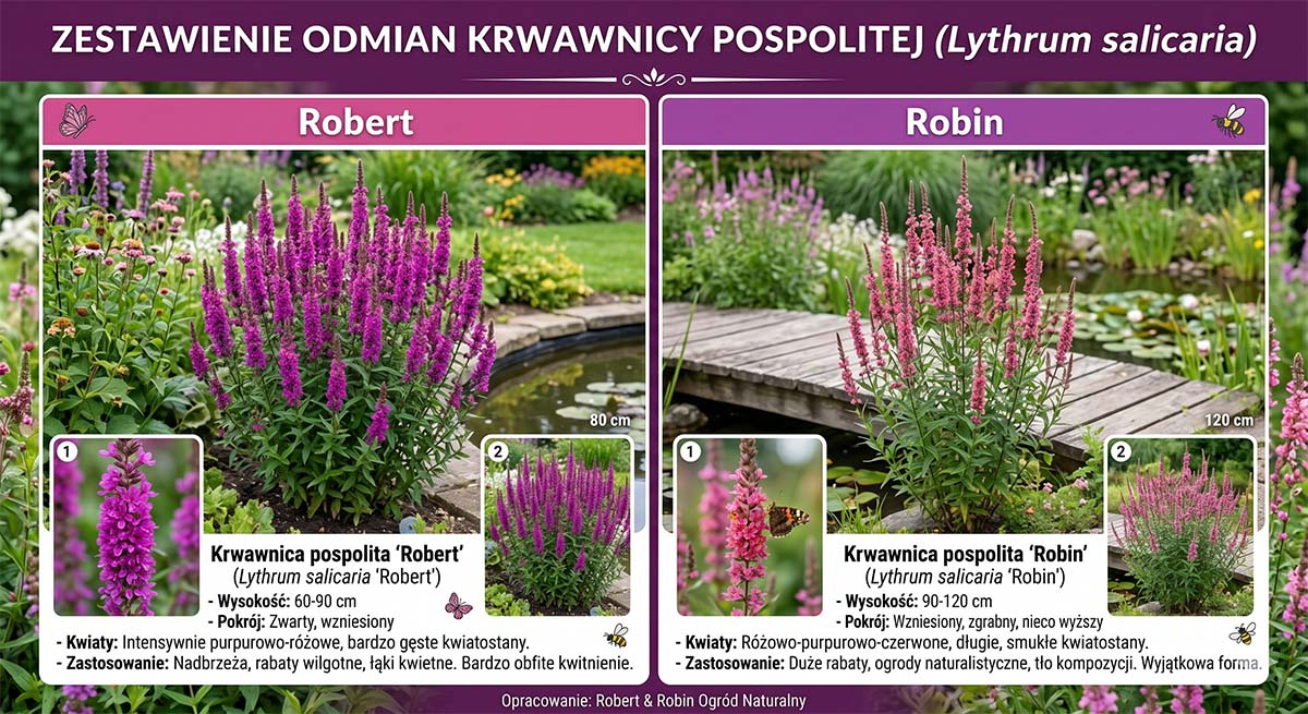 Porównanie i zestawienie dwóch odmian krwawnicy pospolitej (Lythrum salicaria) w formie infografiki. Po lewej stronie znajduje się odmiana 'Robert' o intensywnie purpurowo-różowych, gęstych kwiatach i zwarym pokroju. Po prawej stronie widnieje odmiana 'Robin' o różowo-purpurowo-czerwonych, smuklejszych kwiatostanach. Obie sekcje zawierają opisy botaniczne, zdjęcia zbliżeń kwiatów oraz ilustracje ogrodu.