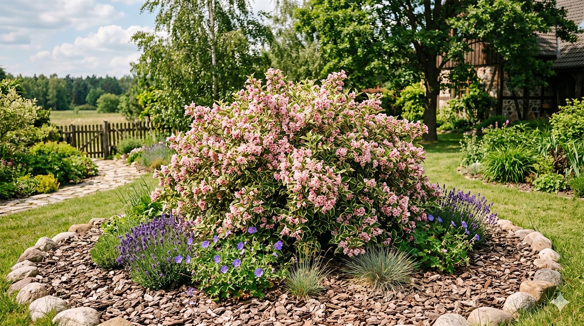 Krzewuszka cudowna (Weigela) - obficie kwitnący krzew w ogrodzie Krzewuszka cudowna (Weigela) rosnąca jako soliter w ogrodzie, obsypana różowymi kwiatami, otoczona lawendą i ściółką z kory.