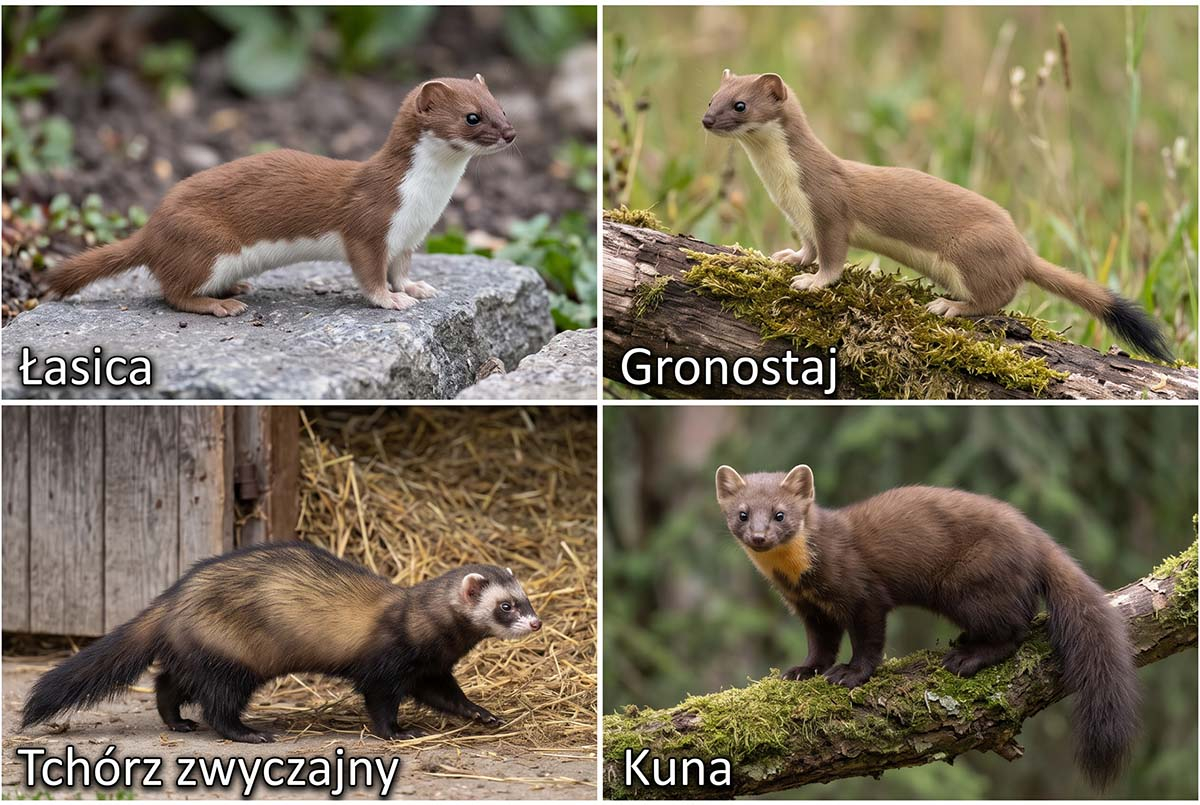 Porównanie wyglądu łasicy, gronostaja, tchórza zwyczajnego i kuny
