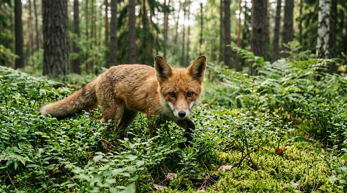 Lis w jagodowisku - źródło zagrożenia bąblowicą. Dziki lis w polskim lesie pośród paproci i krzewinek czarnej jagody, wektor przenoszenia bąblowicy.