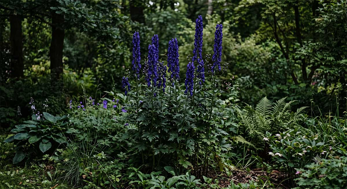 Tojad mocny (Aconitum napellus) w cienistym zakątku ogrodu - lipcowe kwitnienie Majestatyczny tojad mocny kwitnący na ciemnoniebiesko w lipcu