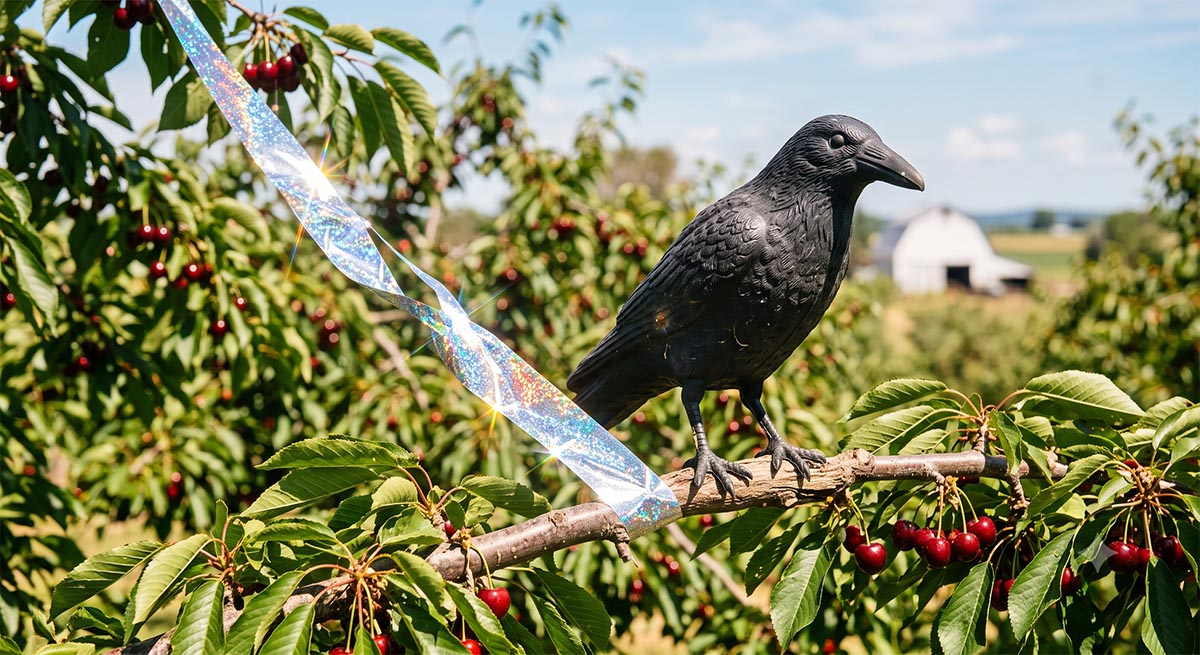 Sposoby na szpaki - sztuczny kruk i taśma odblaskowa na czereśni Plastikowa makieta czarnego kruka zamontowana na gałęzi czereśni obok mieniącej się w słońcu taśmy holograficznej jako metody na odstraszenie szpaków.