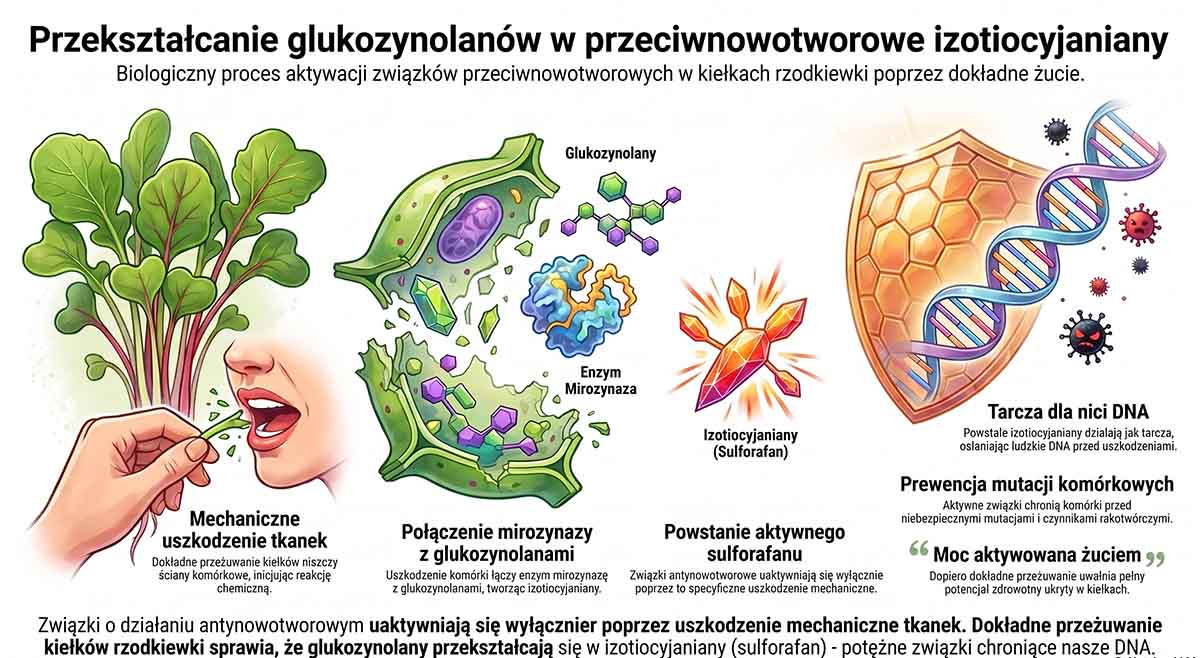 Schemat edukacyjny pokazujący proces żucia zębami kiełków rzodkiewki. Grafika ilustruje, jak uszkodzenie komórki łączy enzym mirozynazę z glukozynolanami, tworząc izotiocyjaniany (sulforafan), które niczym tarcza osłaniają nić ludzkiego DNA.