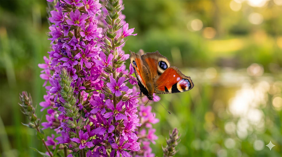 Makrofotografia motyla Rusałka pawik (Aglais io) siedzącego na purpurowych kwiatach krwawnicy pospolitej (Lythrum salicaria) na tle rozmytego, słonecznego ogrodu z pondem.