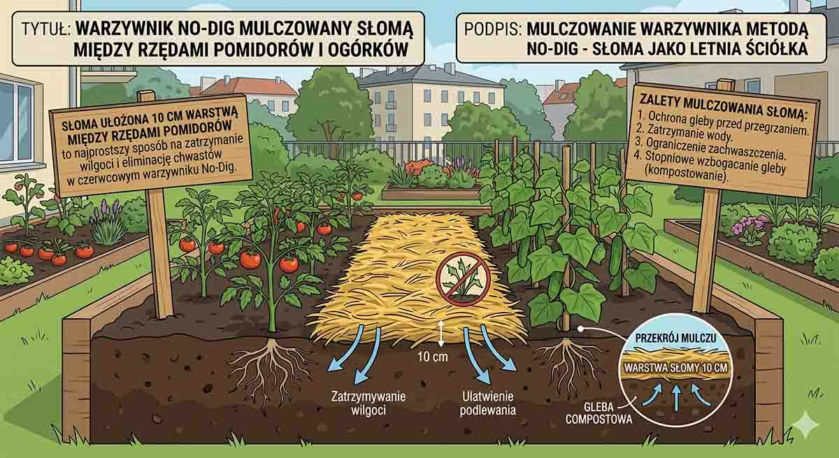 Warzywnik No-Dig mulczowany słomą między rzędami pomidorów i ogórków