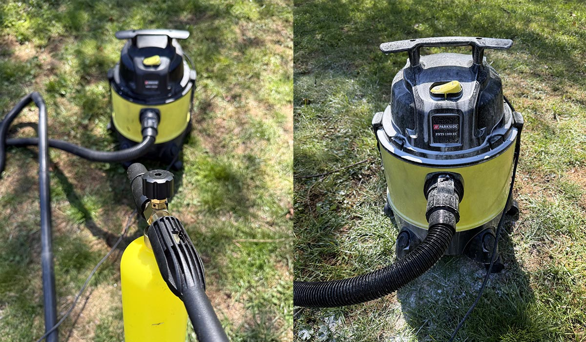 Pianowanie odkurzacza Parkside – Test myjki Stanley Fatmax SXFPW25PE Odkurzacz warsztatowy Parkside pokryty gęstą aktywną pianą z pianownicy myjki Stanley Fatmax.