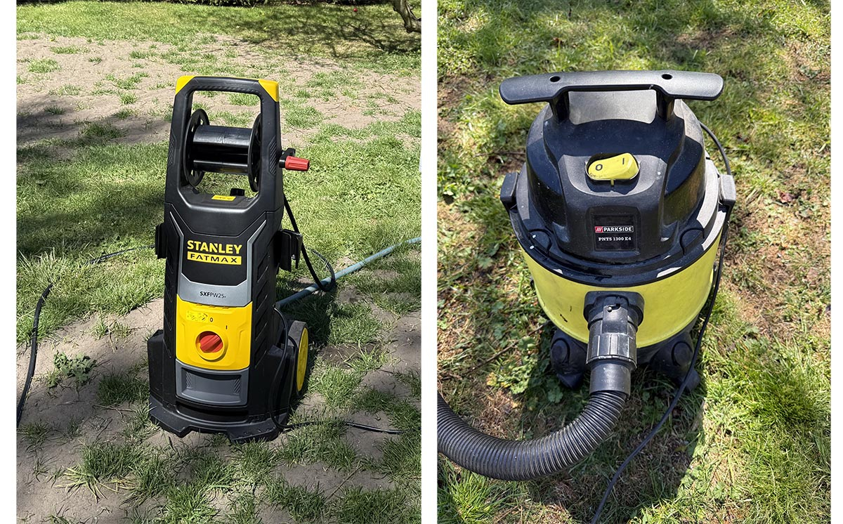 Myjka Stanley Fatmax w garażu test na urządzeniach technicznych. Odkurzacz warsztatowy i zamiatarka przygotowane do mycia myjką wysokociśnieniową Stanley Fatmax SXFPW25PE.