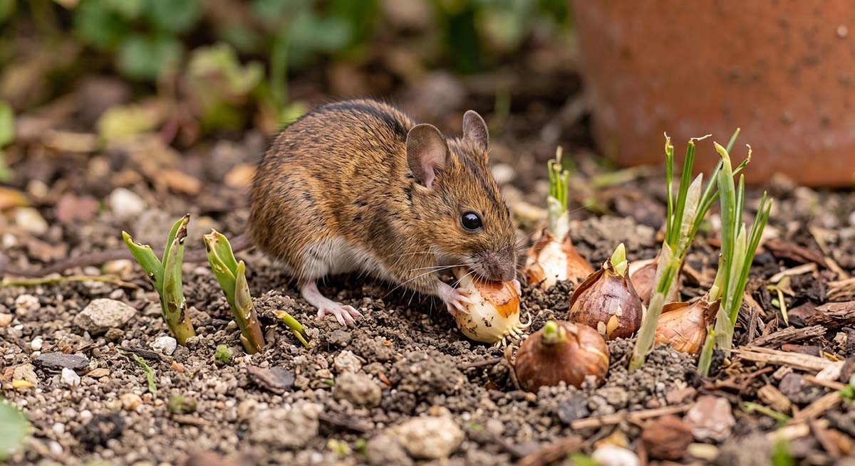 Myszarka polna niszcząca nasadzenia cebulowe Mysz polna (z widoczną pręgą na grzbiecie) wykopuje i nadgryza cebulki tulipanów i krokusów na rabacie kwiatowej w ogrodzie, ilustrując szkody w uprawach.