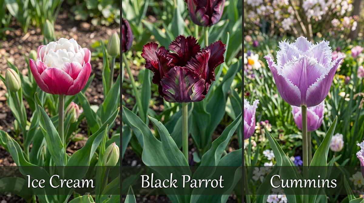 Nietypowe odmiany tulipanów w Polsce: Ice Cream, Black Parrot i Cummins - TOP 3 rarytasy Zestawienie trzech nietypowych odmian tulipanów w ogrodzie: odmiany lodowej Ice Cream, ciemnej papuziej Black Parrot oraz fioletowej strzępiastej Cummins z białym brzegiem.