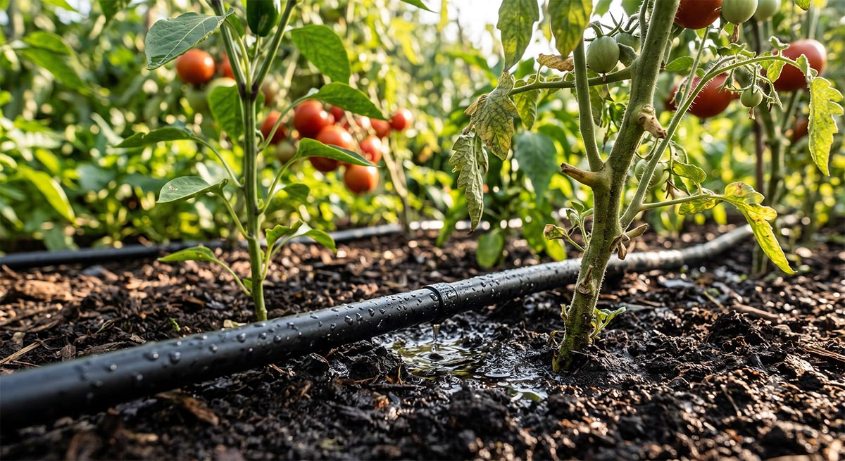 Zbliżenie na czarną linię kroplującą nawadniającą glebę pod zdrowymi krzakami pomidorów w słonecznym ogrodzie.