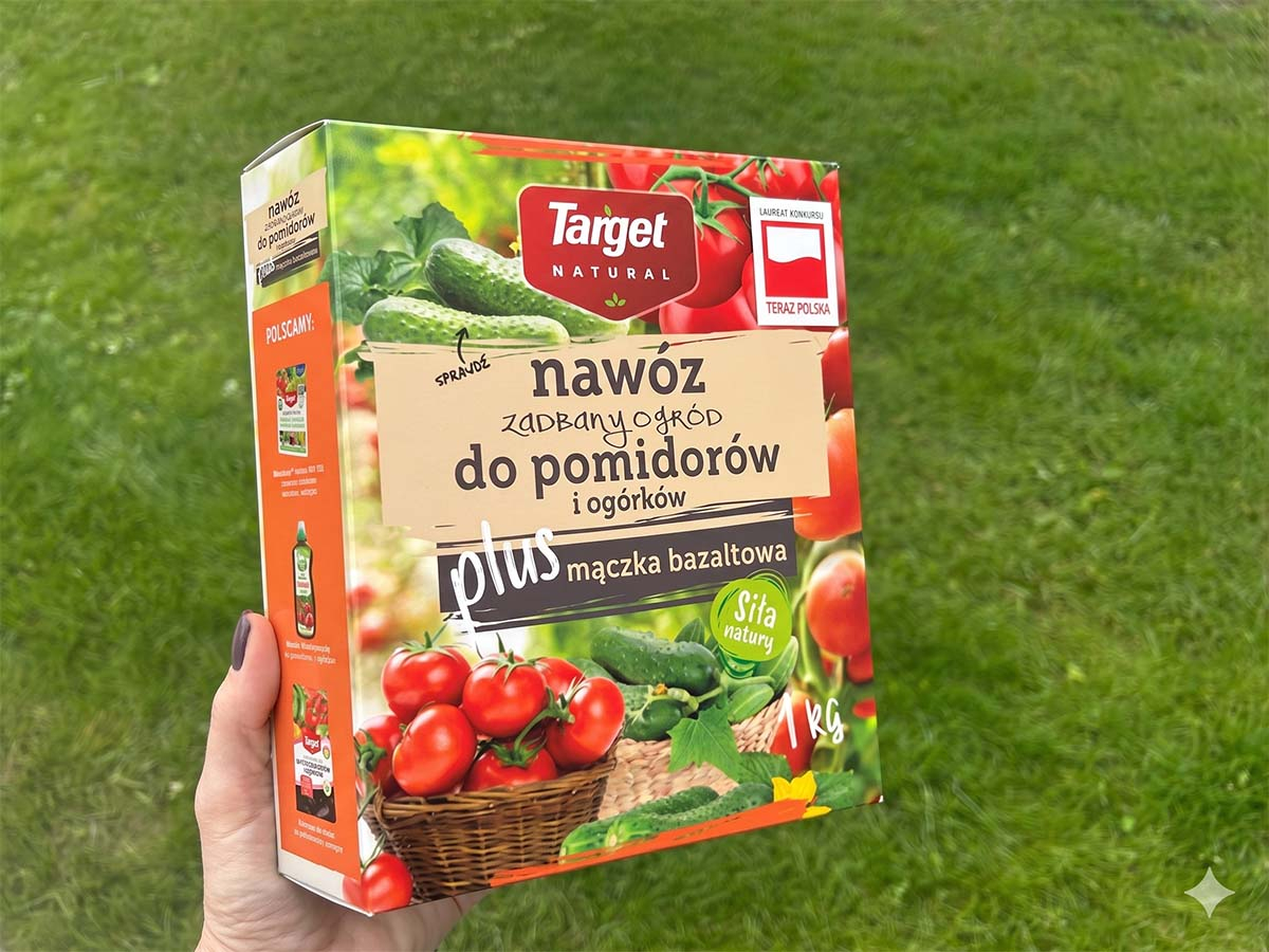 Opakowanie nawozu do pomidorów i ogórków Target Natural w dłoni. Dłoń trzymająca opakowanie nawozu Target Natural do pomidorów i ogórków z mączką bazaltową na tle zielonego trawnika.