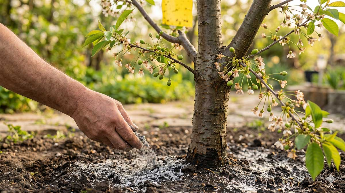 Ludzka dłoń rozsypująca naturalny popiół drzewny na wilgotną ziemię wokół pnia czereśni z zielonymi zawiązkami owoców w maju