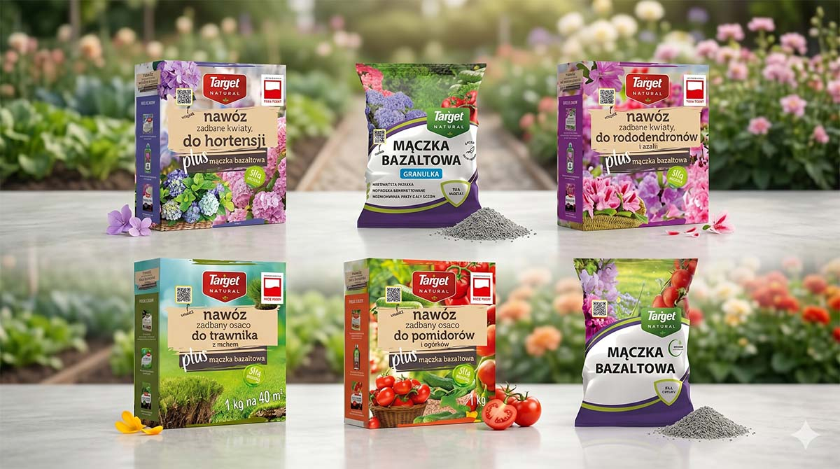 Test długodystansowy: Nawozy z mączką bazaltową w uprawie pomidorów i ogórków na Gardenowo Zestaw sześciu opakowań nawozów ekologicznych Target z mączką bazaltową do warzyw i kwiatów, ułożonych w dwóch rzędach na tle ogrodu i grządek.