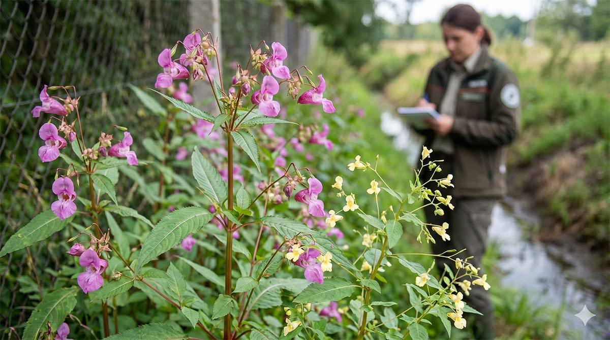 Niecierpek gruczołowaty o różowych kwiatach i niecierpek drobnokwiatowy rosnące przy ogrodzeniu, w tle urzędniczka kontrolująca inwazyjne gatunki roślin.