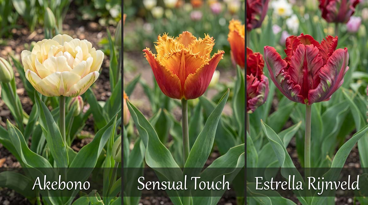 Unikalne odmiany tulipanów do ogrodu: Akebono, Sensual Touch, Estrella Rijnveld Zestawienie trzech nietypowych odmian tulipanów w ogrodzie: kremowo-żółty Akebono, pomarańczowo-żółty strzępiasty Sensual Touch oraz czerwony papuzi Estrella Rijnveld