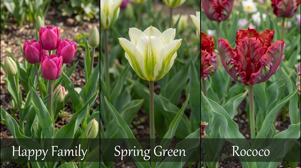 Niezwykłe odmiany tulipanów do ogrodu: Happy Family, Spring Green i Rococo Zestawienie trzech nietypowych odmian tulipanów: różowy wielokwiatowy Happy Family, kremowo-zielony Spring Green oraz czerwony papuzi Rococo