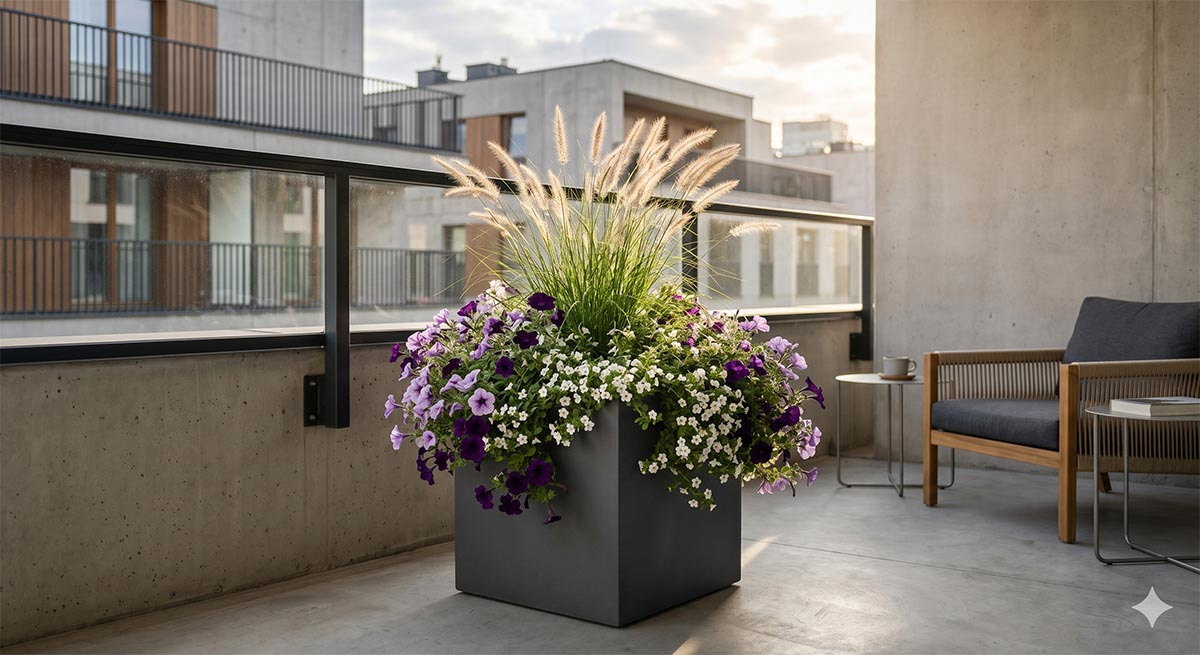 Nowoczesna i minimalistyczna kompozycja roślinna w grafitowej donicy na betonowym balkonie. Nowoczesny balkon z betonową ścianą, na którym stoi podłużna, antracytowa donica z wysoką trawą ozdobną rozplenicą, ciemnofioletowymi petuniami oraz drobnymi, białymi kwiatami bakopy w miękkim, popołudniowym świetle.