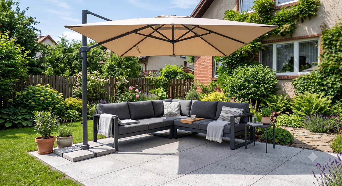 Meble aluminiowe i parasol na nowoczesnym tarasie Szary narożnik ogrodowy z aluminium pod dużym parasolem przeciwsłonecznym na nowoczesnym zadaszonym tarasie.