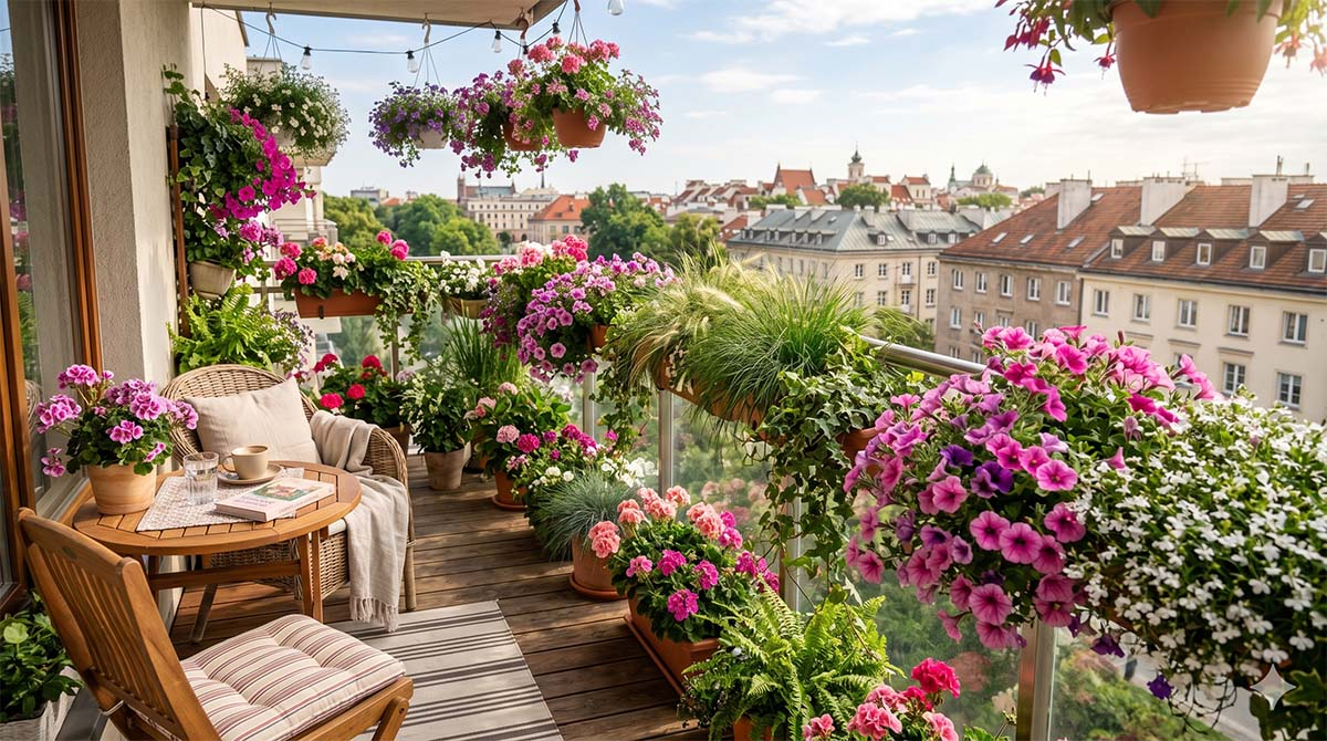 Przytulny, nowoczesny balkon w pełnym letnim rozkwicie z widokiem na miasto. Słoneczny, nowoczesny balkon z drewnianą podłogą, stolikiem kawowym i krzesłami, gęsto obsadzony kaskadami różowych, fioletowych i białych kwiatów oraz zielonych traw ozdobnych, z widokiem na panoramę zabytkowego miasta w tle.