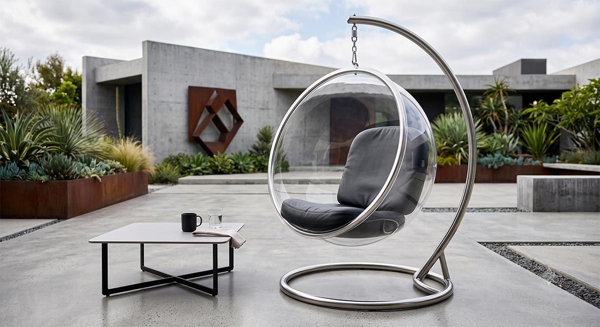Przezroczysty fotel wiszący Bubble Chair na taras Designerski fotel wiszący z przezroczystego akrylu i stali nierdzewnej z czarną poduszką na minimalistycznym betonowym tarasie.