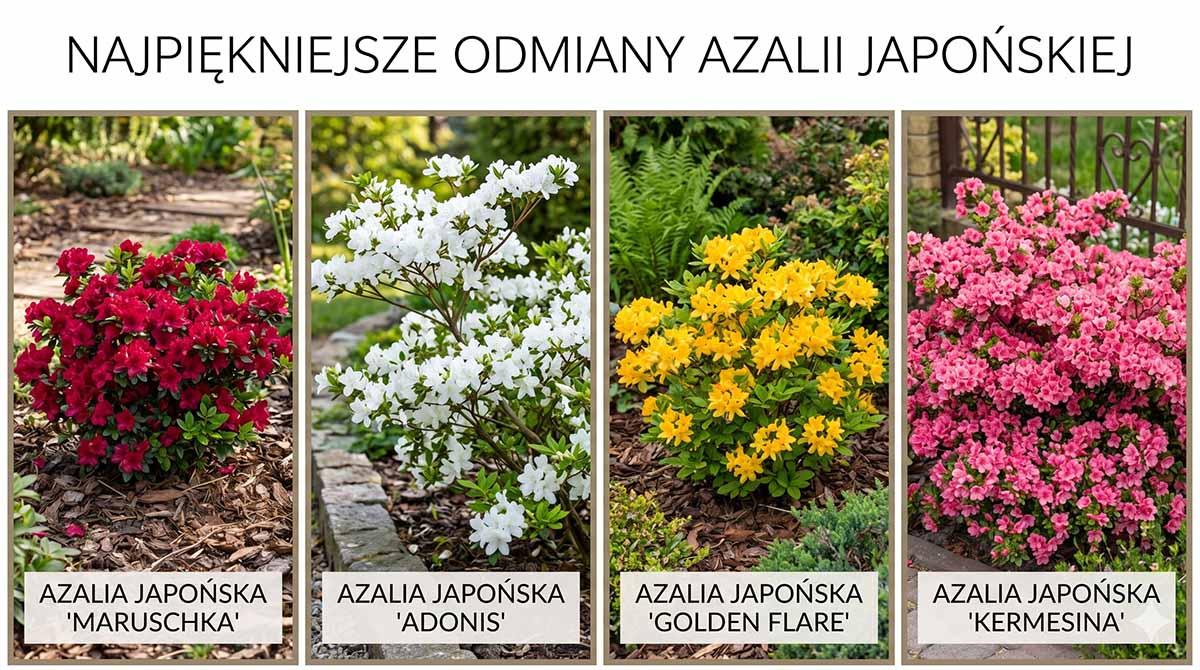 Zestawienie czterech odmian azalii japońskiej w ogrodzie: czerwona Maruschka, biała Adonis, żółta Golden Flare oraz różowa Kermesina