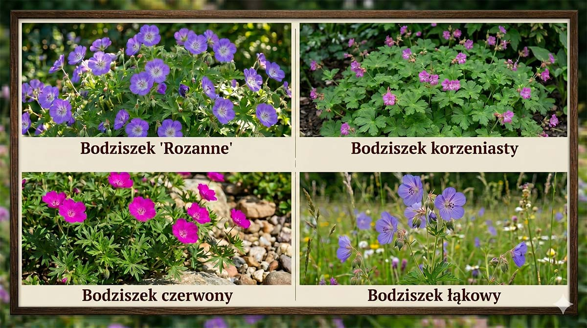 Przegląd odmian bodziszka: Rozanne, korzeniasty, czerwony i łąkowy Kolaż czterech odmian bodziszka z podpisami: fioletowy Rozanne, różowy korzeniasty, karminowy czerwony oraz niebieski bodziszek łąkowy.