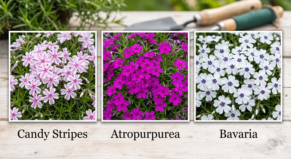 Porównanie odmian floksa szydlastego: Candy Stripes, Atropurpurea, Bavaria Trzy odmiany floksa szydlastego (płomyka) w doniczkach na drewnianym stole ogrodowym: Candy Stripes, Atropurpurea i Bavaria. W tle narzędzia ogrodnicze.