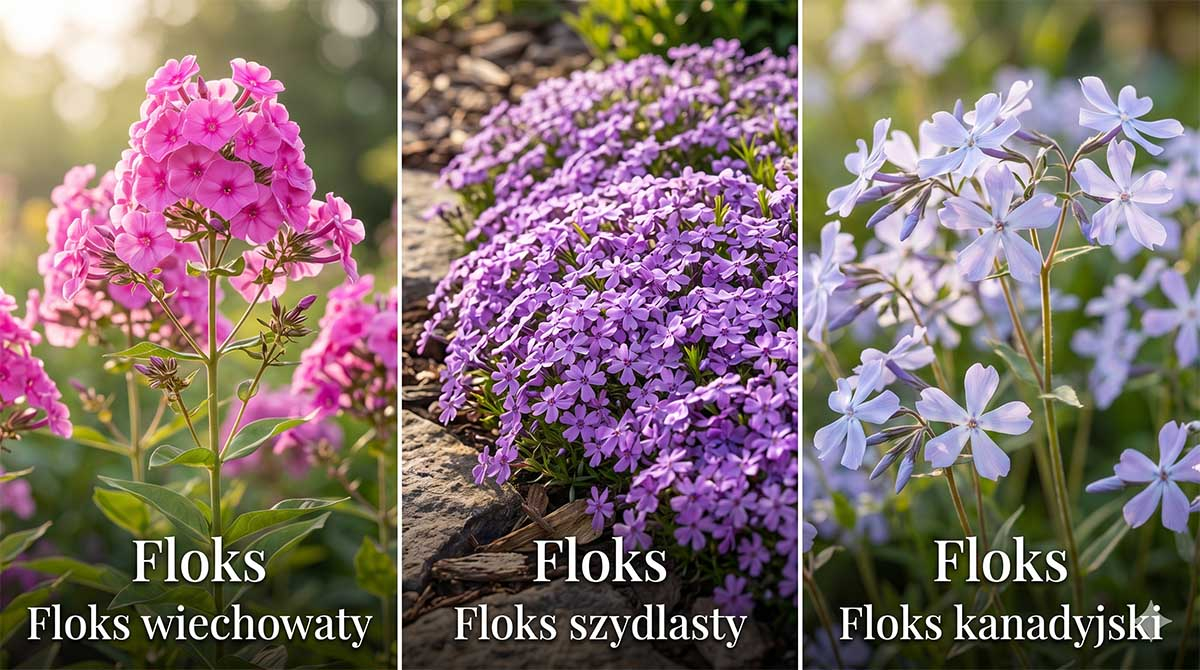 Profesjonalny kolaż trzech pionowych paneli prezentujący różne odmiany floksów: różowy floks wiechowaty (Phlox paniculata), fioletowy floks szydlasty (Phlox subulata) oraz błękitny floks kanadyjski (Phlox divaricata). Każda sekcja jest opatrzona u dołu wyraźnym białym napisem z nazwą danej odmiany, a całość ukazana jest w jasnym, naturalnym świetle poranka.