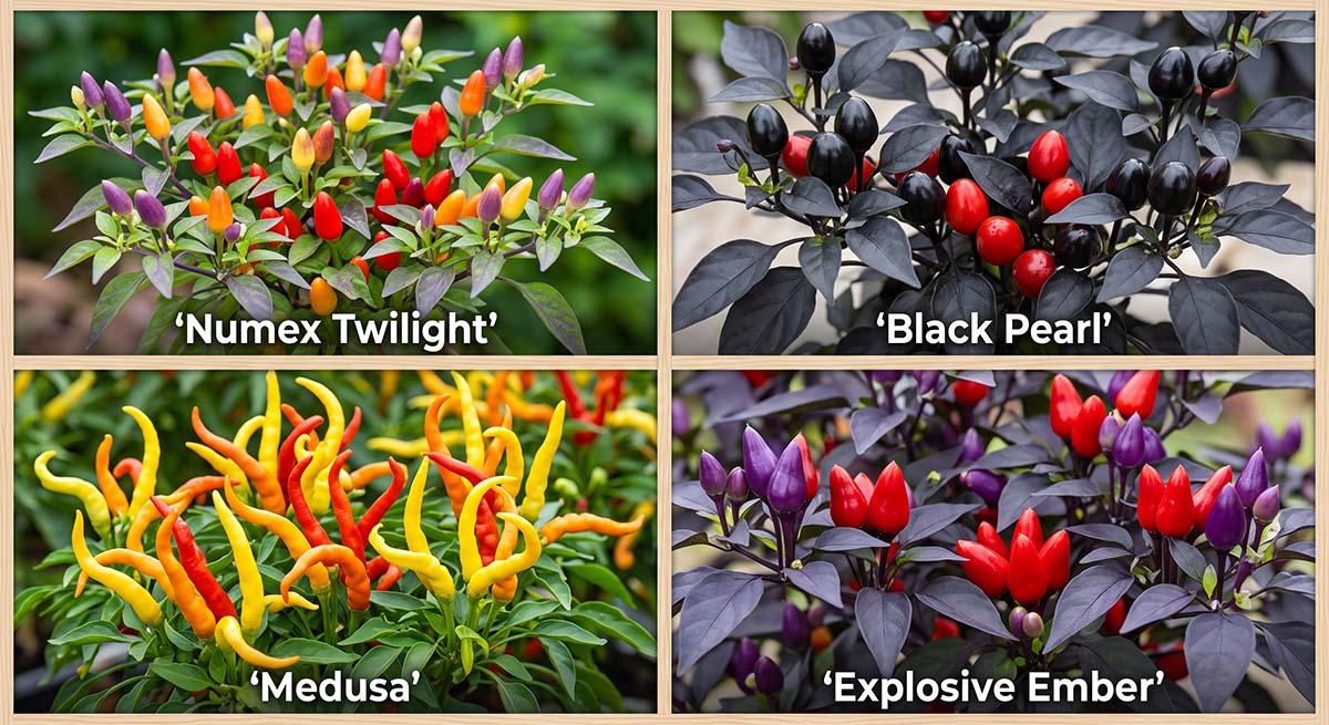 Zestawienie czterech odmian papryczek ozdobnych: Numex Twilight, Black Pearl, Medusa oraz Explosive Ember