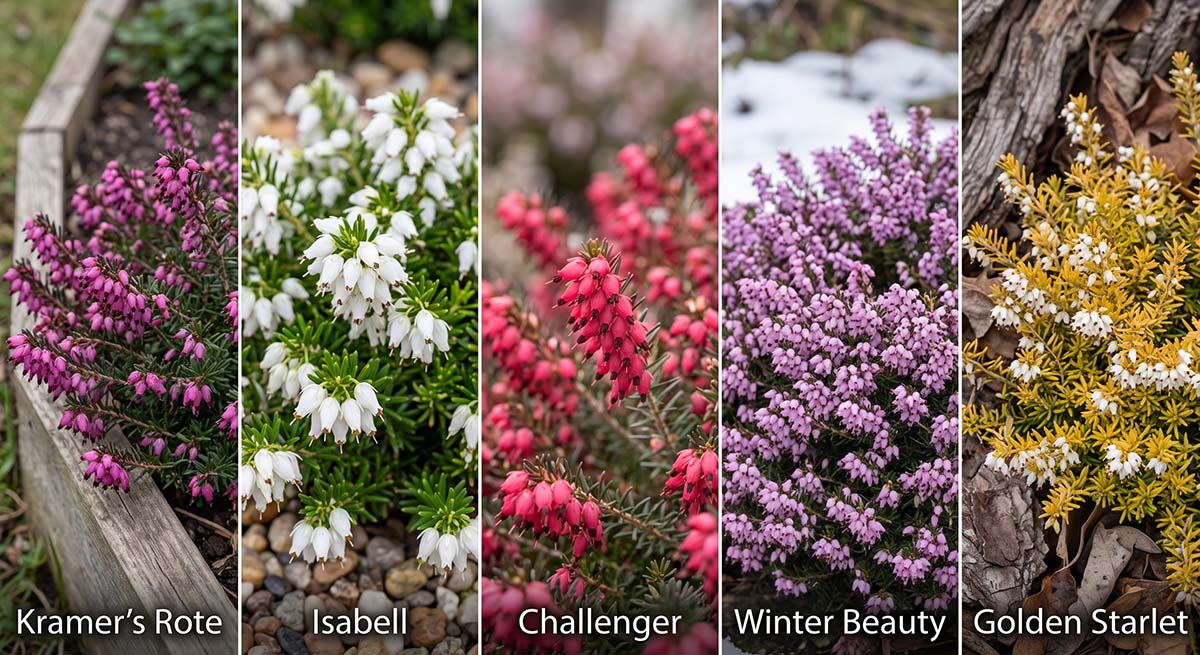 Porównanie pięciu najpopularniejszych i najbardziej mrozoodpornych odmian wrzośca krwistego (Erica carnea). Kolaż pięciu zdjęć przedstawiający różne odmiany wrzośca krwistego: od lewej 'Kramer's Rote' (ciemnoróżowy), 'Isabell' (biały), 'Challenger' (purpurowy), 'Winter Beauty' (lawendowy) oraz 'Golden Starlet' (żółte ulistnienie z białymi kwiatami), każda odmiana podpisana.