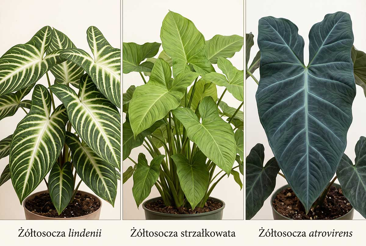 Zestawienie trzech odmian żółtosoczy w doniczkach: Żółtosocza lindenii o pasiastych liściach, zielona Żółtosocza strzałkowata oraz ciemnozielona Żółtosocza atrovirens.